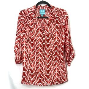 Escapada Red White Rayon Tunic Top Blouse 3/4 Roll Tab Sleeves Womens Size L